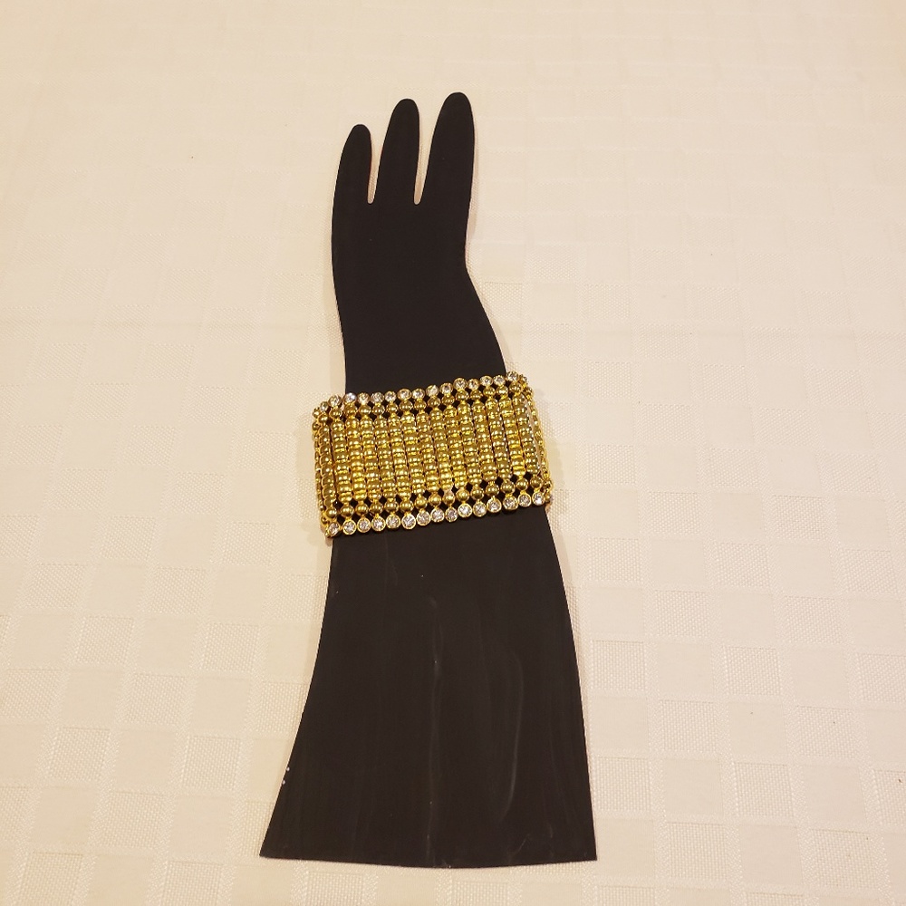 Golden Cuff Stretchy Bracelet & Clear Stone 8 1/4"